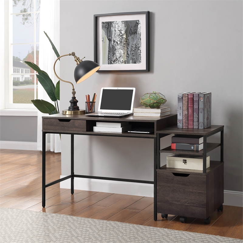 Pemberly Row 40-Inch Desk with Drawer and Shelf in Brown Wood Grain Finish