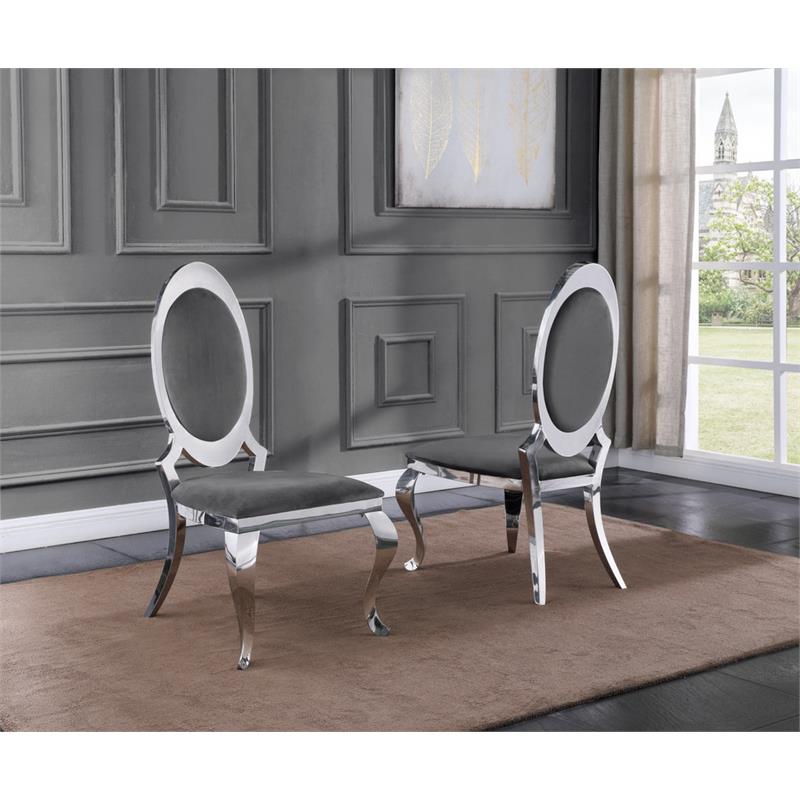 Pemberly Row Round Back Dark Gray Velvet Side Chairs w/ Silver Legs (Set of 2)