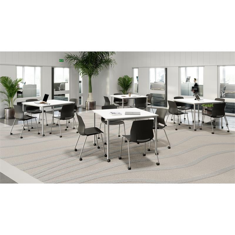 Pemberly Row 42in Square Dining Set - White/Silver Table - Navy Chairs w/Casters