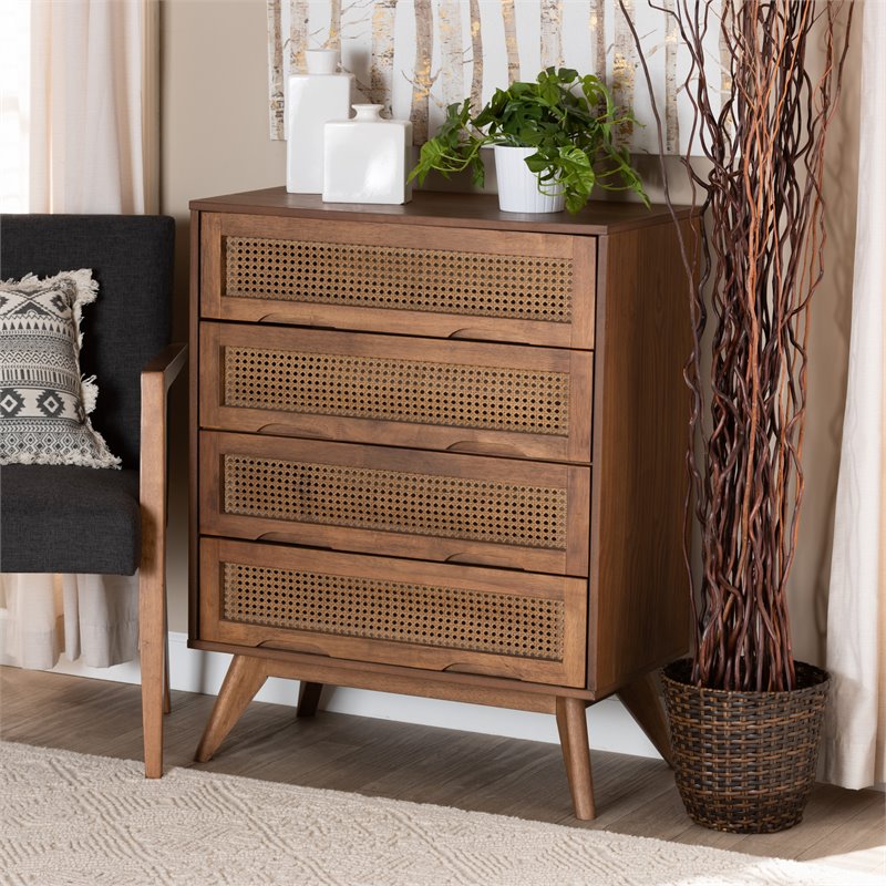 Pemberly Row Brown Finished Wood and Synthetic Rattan 4-Drawer Chest