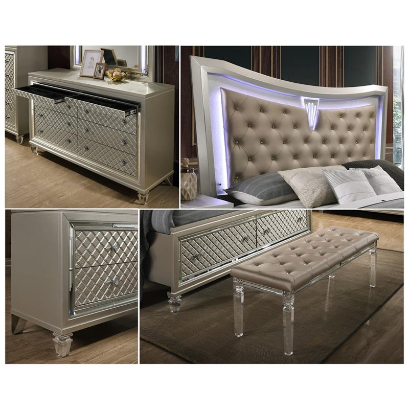 Pemberly Row Beige Faux Leather Vanity Bench with Acrylic Legs
