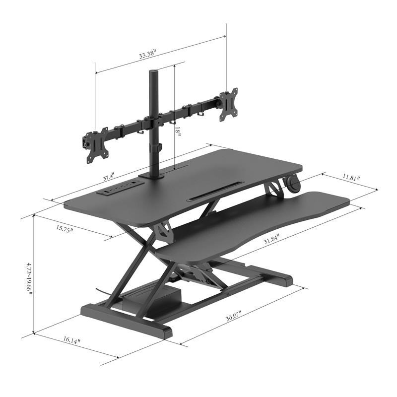 Pemberly Row Electric Standing Desk Converter w/ Dual Monitor Mount Arm Black