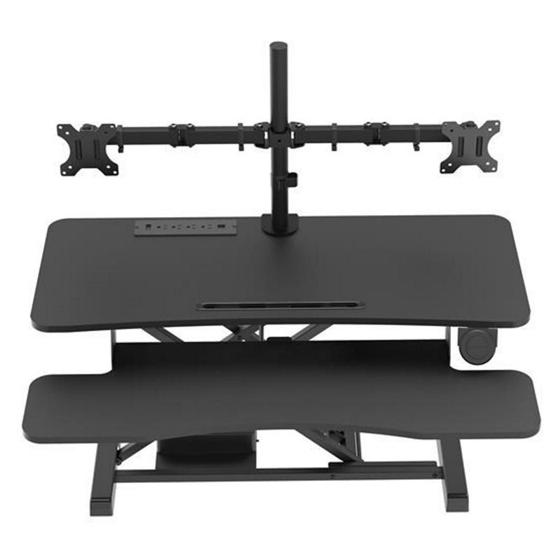 Pemberly Row Electric Standing Desk Converter w/ Dual Monitor Mount Arm Black