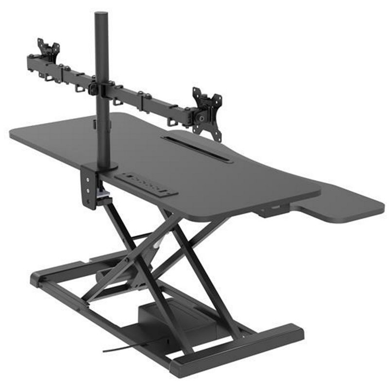 Pemberly Row Electric Standing Desk Converter w/ Dual Monitor Mount Arm Black