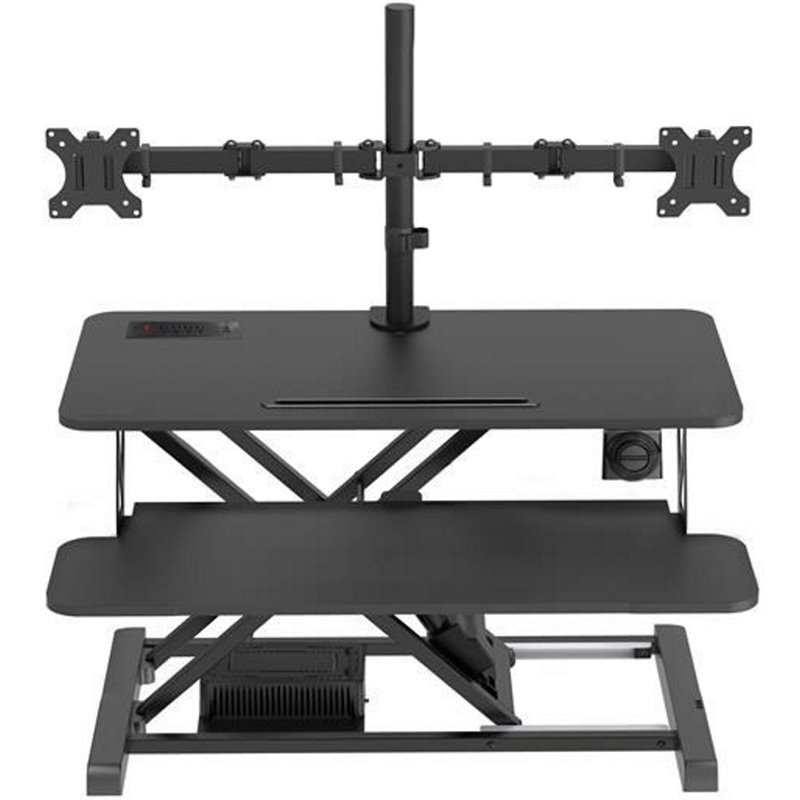Pemberly Row Electric Standing Desk Converter w/ Dual Monitor Mount Arm Black