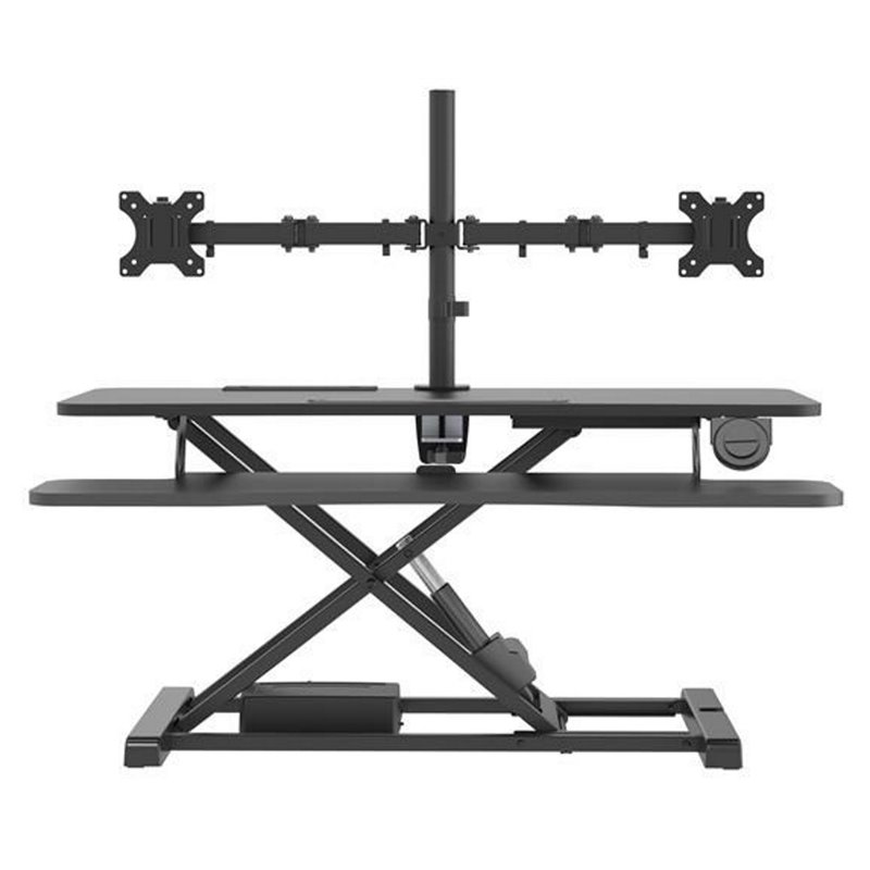 Pemberly Row Electric Standing Desk Converter w/ Dual Monitor Mount Arm Black