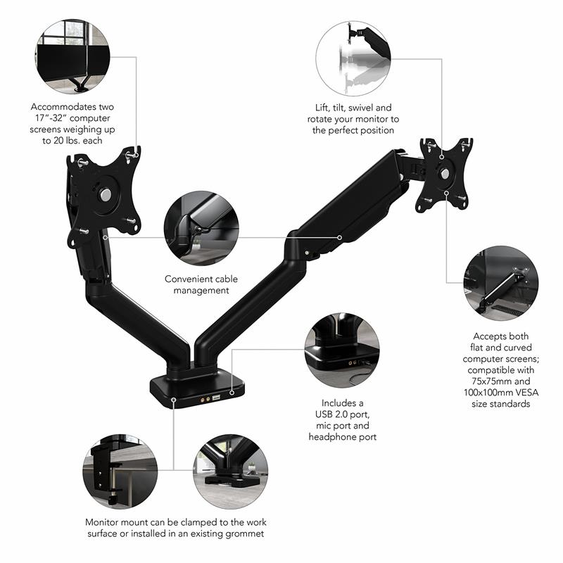 Pemberly Row Adjustable Dual Monitor Arm with USB in Black - Steel