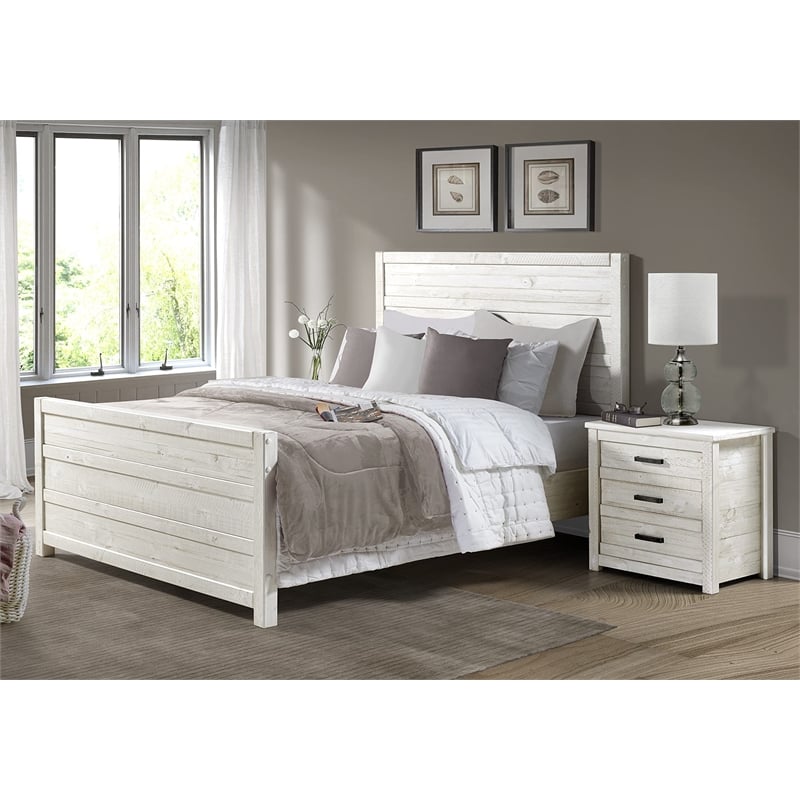 Pemberly Row Contemporary Solid Wood King Bed in Antique White