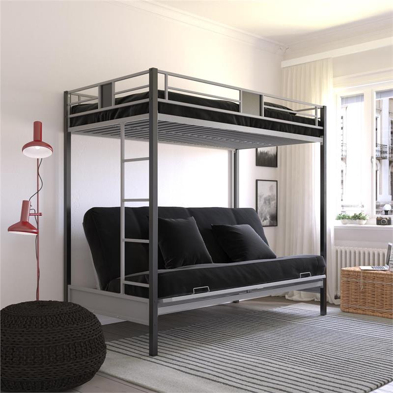 Pemberly Row Silver Screen Twin over Futon Metal Bunk Bed in Silver/Black
