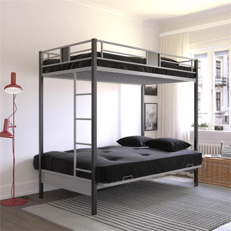 Pemberly Row Silver Screen Twin over Futon Metal Bunk Bed in Silver/Black