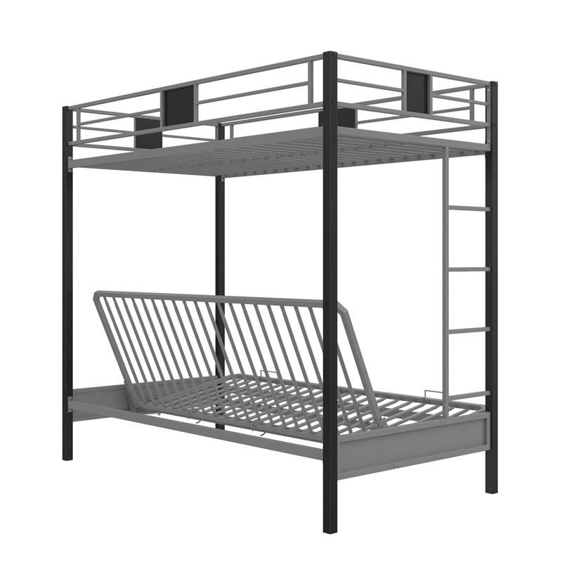 Pemberly Row Silver Screen Twin over Futon Metal Bunk Bed in Silver/Black