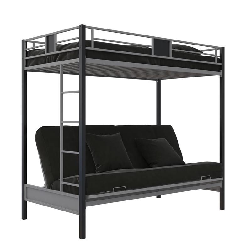 Pemberly Row Silver Screen Twin over Futon Metal Bunk Bed in Silver/Black