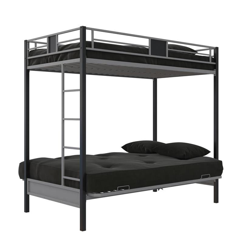 Pemberly Row Silver Screen Twin over Futon Metal Bunk Bed in Silver/Black