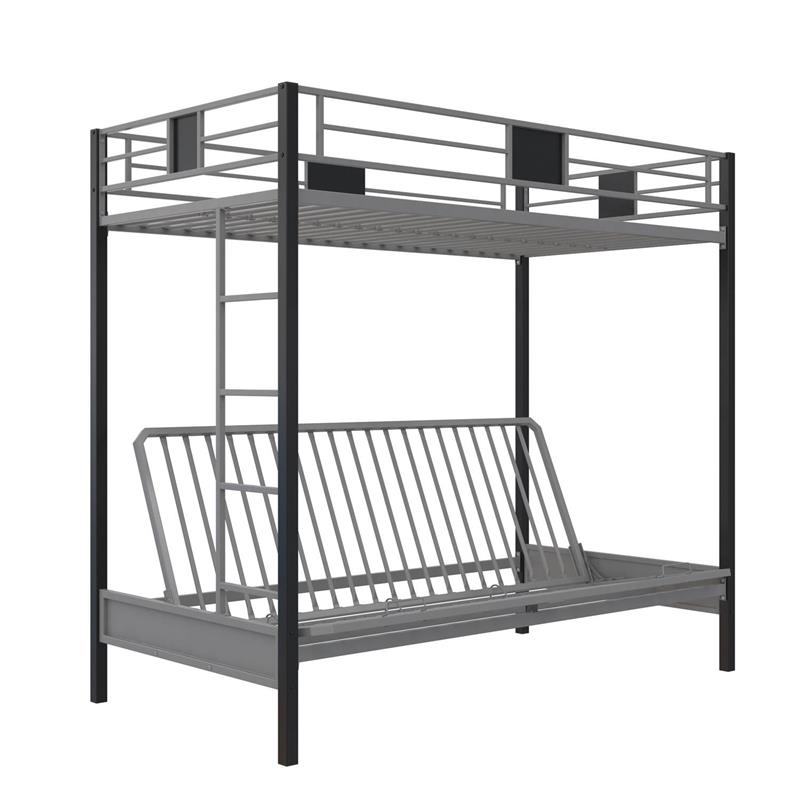 Pemberly Row Silver Screen Twin over Futon Metal Bunk Bed in Silver/Black