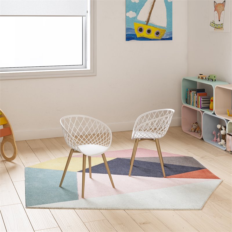 Pemberly Row Steel and Plastic Mini Chair 2 Piece Set in White & Natural
