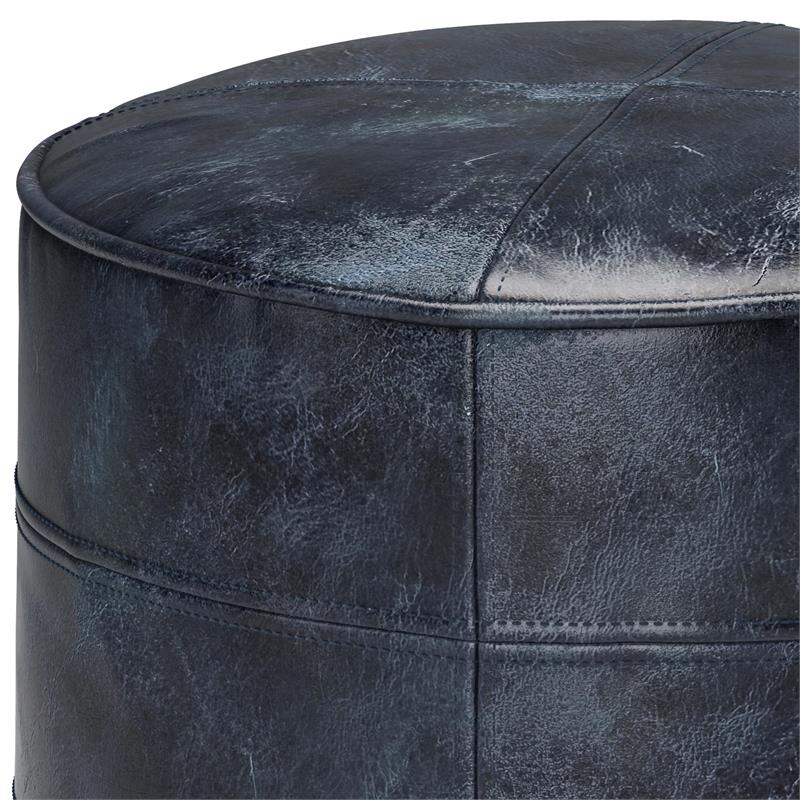 Pemberly Row Round Pouf in Distressed Navy Blue Genuine Leather