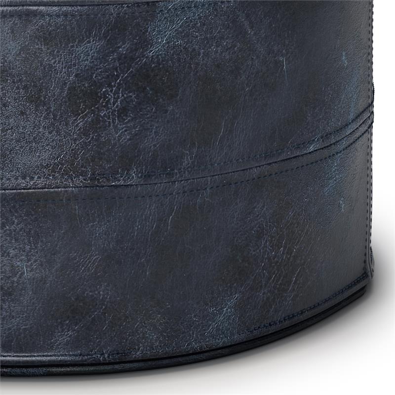 Pemberly Row Round Pouf in Distressed Navy Blue Genuine Leather