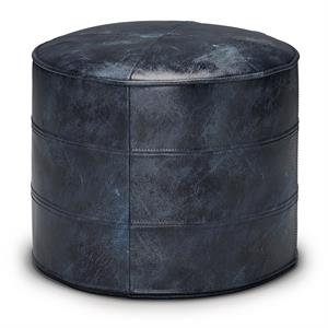Pemberly Row Round Pouf in Distressed Navy Blue Genuine Leather