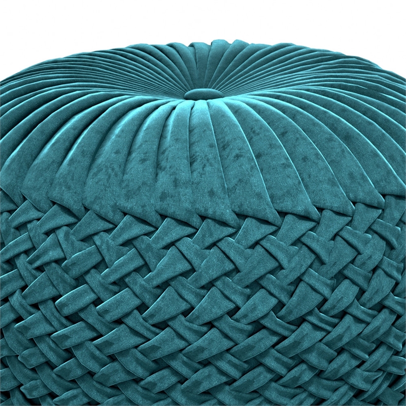 Pemberly Row Round Pouf in Teal Green Velvet Fabric with Woven Details