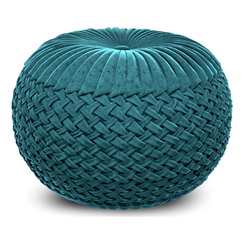 Pemberly Row Round Pouf in Teal Green Velvet Fabric with Woven Details