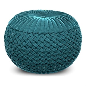 Pemberly Row Round Pouf in Teal Green Velvet Fabric with Woven Details