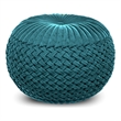 Pemberly Row Round Pouf in Teal Green Velvet Fabric with Woven Details