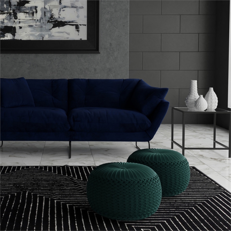 Pemberly Row Round Pouf in Teal Green Velvet Fabric with Woven Details