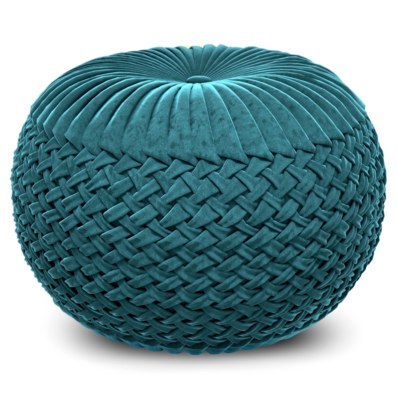 Pemberly Row Round Pouf in Teal Green Velvet Fabric with Woven Details