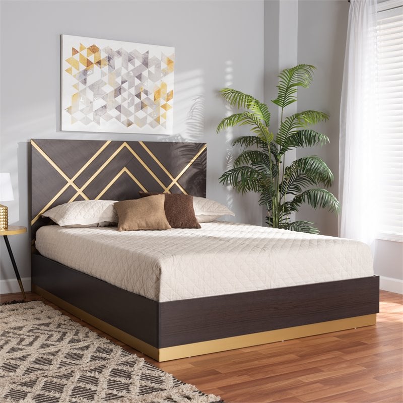 Pemberly Row Dark Brown and Gold Finished Wood Queen Size Platform Bed