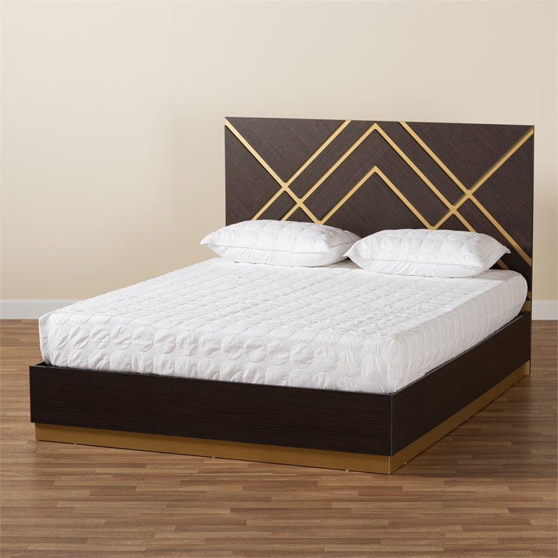 Pemberly Row Dark Brown and Gold Finished Wood Queen Size Platform Bed