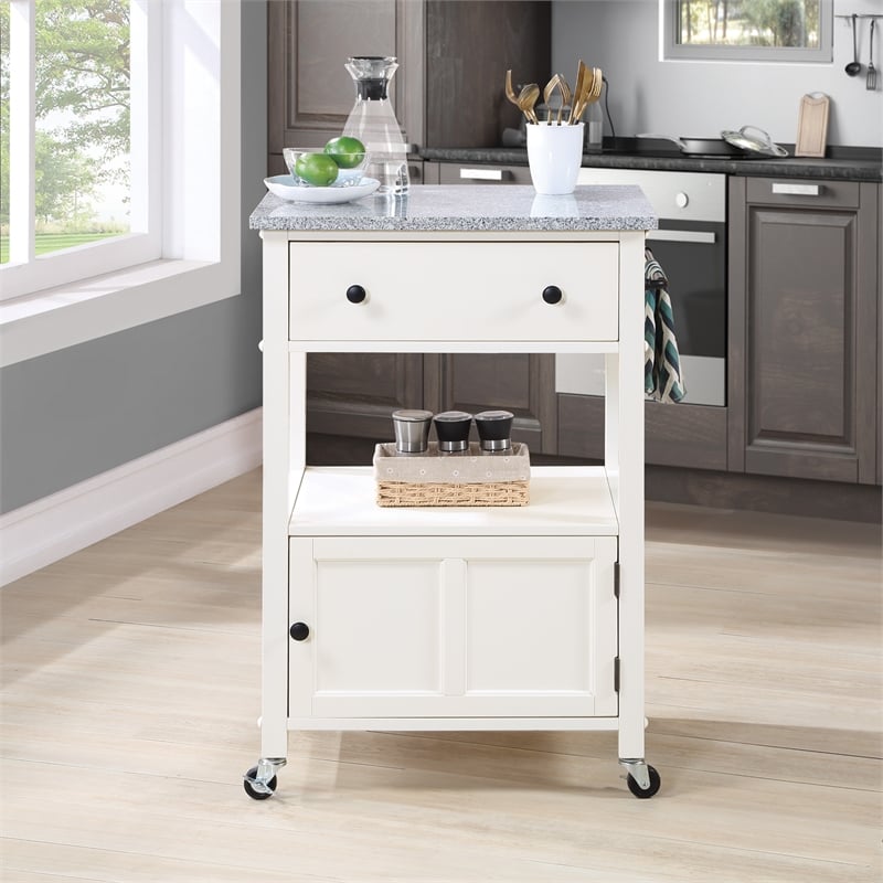 Pemberly Row Engineered Wood Kitchen Cart with Granite Top and White Base
