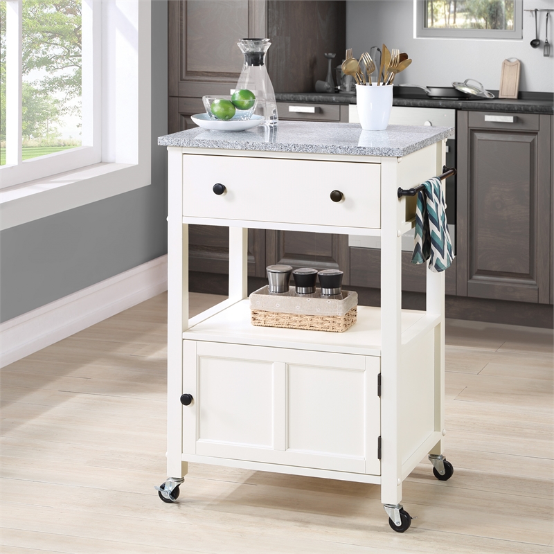 Pemberly Row Engineered Wood Kitchen Cart with Granite Top and White Base