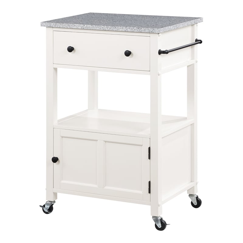 Pemberly Row Engineered Wood Kitchen Cart with Granite Top and White Base