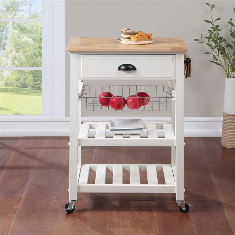 Pemberly Row Engineered Wood Kitchen Cart With Wood Top and White Base