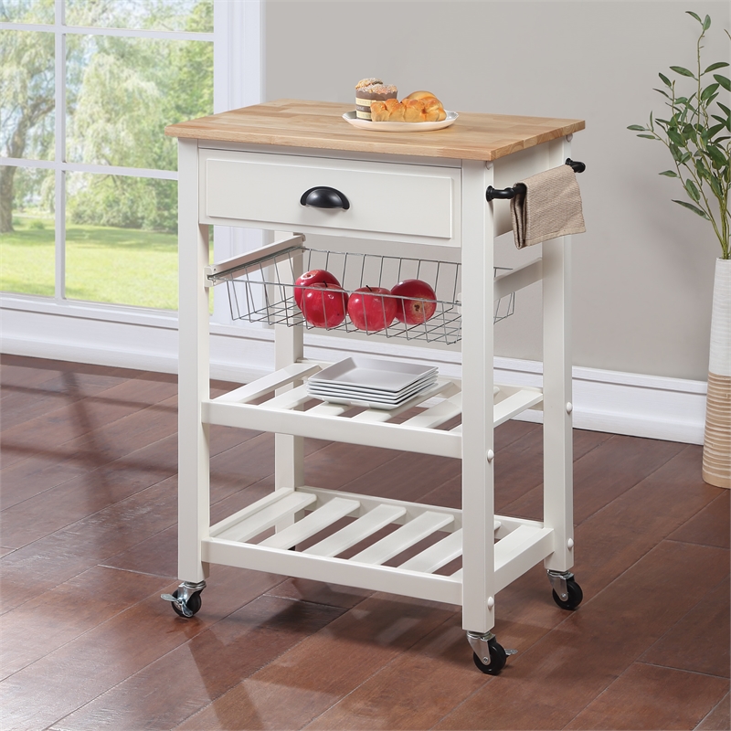 Pemberly Row Engineered Wood Kitchen Cart With Wood Top and White Base
