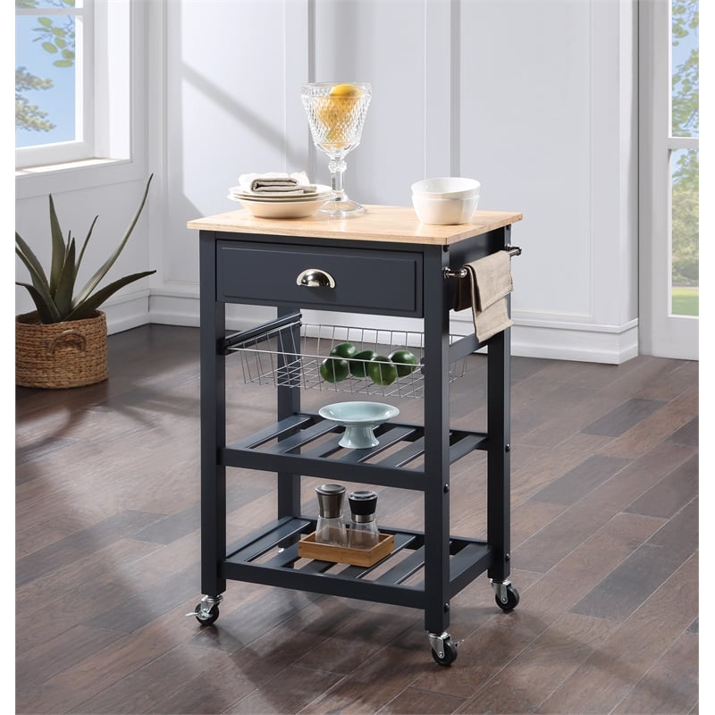 Pemberly Row Engineered Wood Kitchen Cart With Wood Top and Blue Stone Base