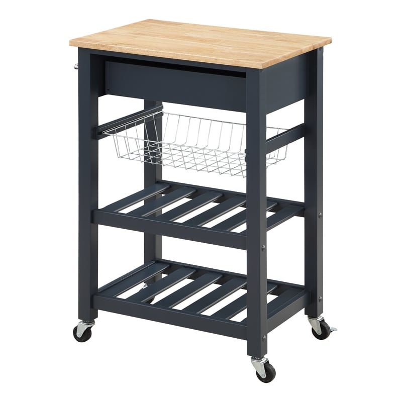 Pemberly Row Engineered Wood Kitchen Cart With Wood Top and Blue Stone Base