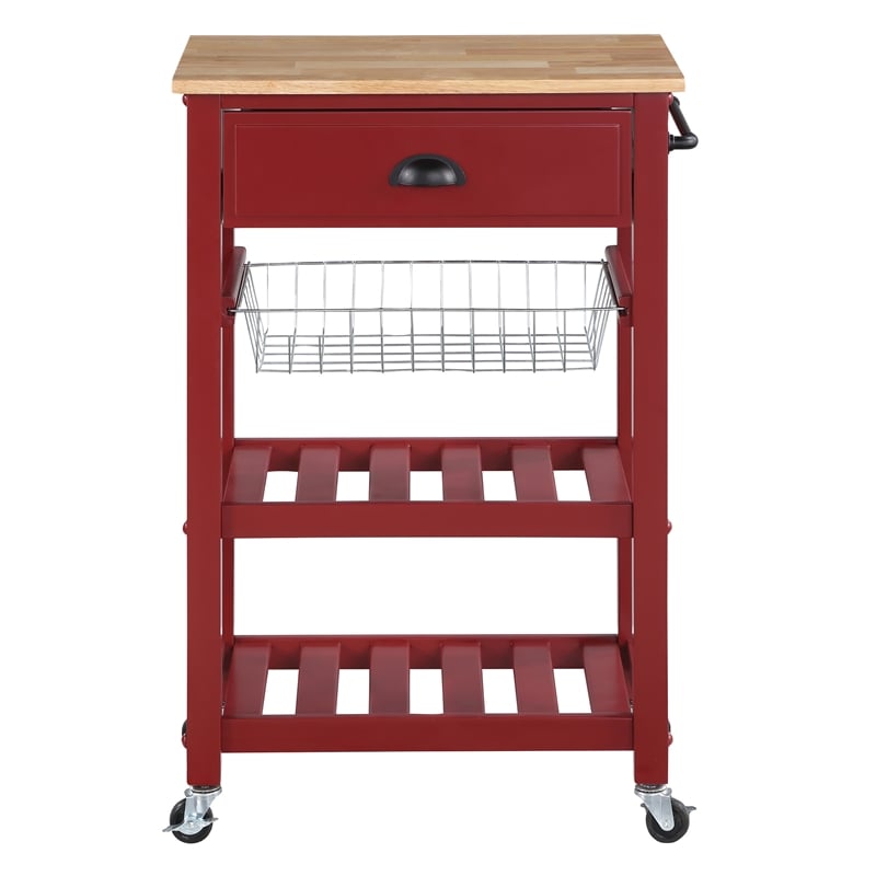 Pemberly Row Engineered Wood Kitchen Cart With Wood Top and Red Base