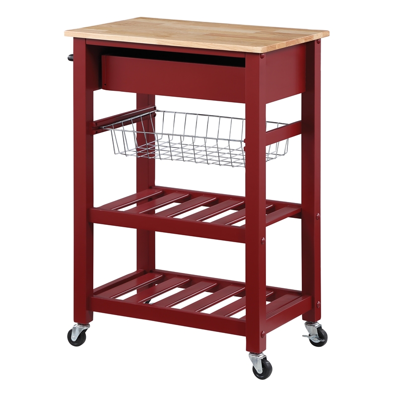 Pemberly Row Engineered Wood Kitchen Cart With Wood Top and Red Base