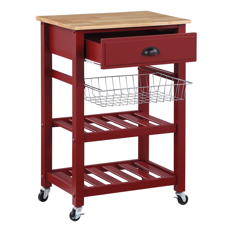 Pemberly Row Engineered Wood Kitchen Cart With Wood Top and Red Base