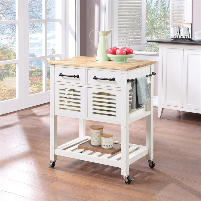 Pemberly Row Engineered Wood Kitchen Cart with Wood Top and White Base