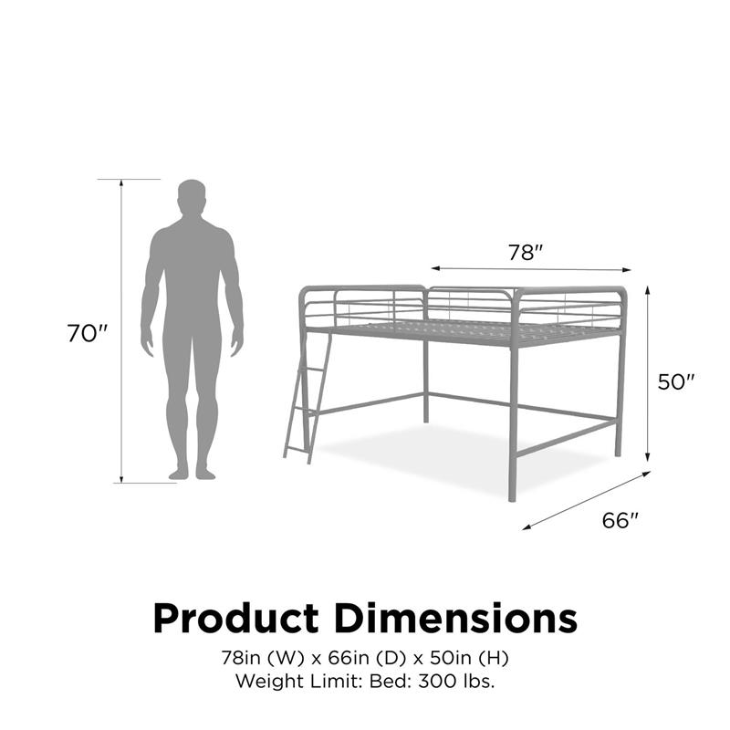 Pemberly Row Contemporary Junior Full Metal Loft Bed in Silver