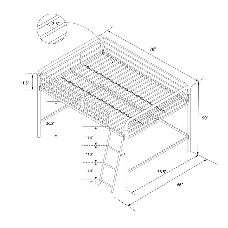 Pemberly Row Contemporary Junior Full Metal Loft Bed in Silver