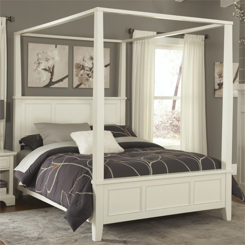Pemberly Row Contemporary Wood Queen Canopy Bed in Off White
