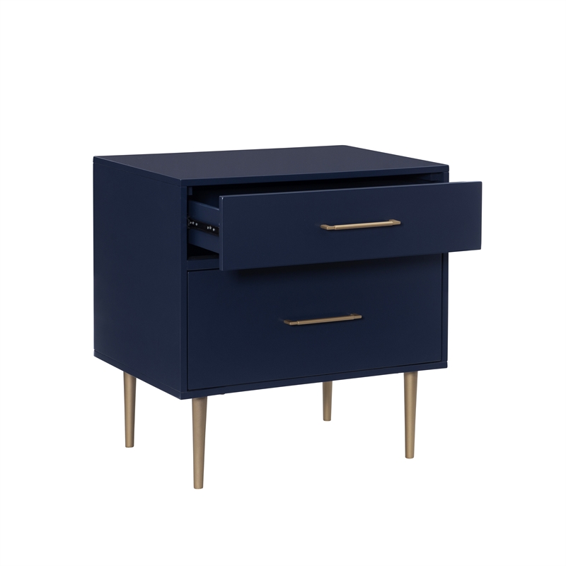 Pemberly Row Two Drawer Wood Nightstand with Gold Accents in Navy Blue