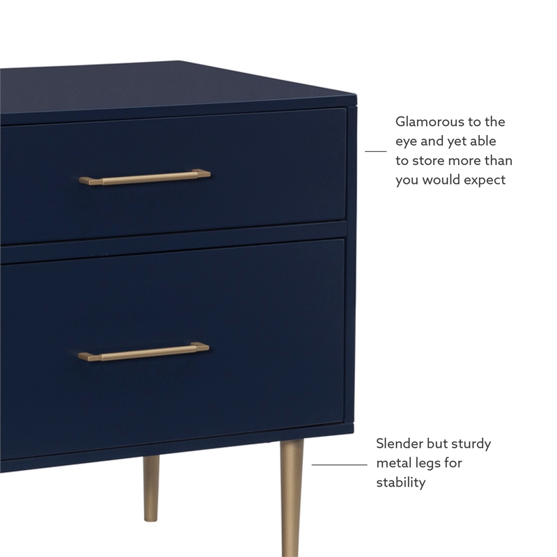 Pemberly Row Two Drawer Wood Nightstand with Gold Accents in Navy Blue