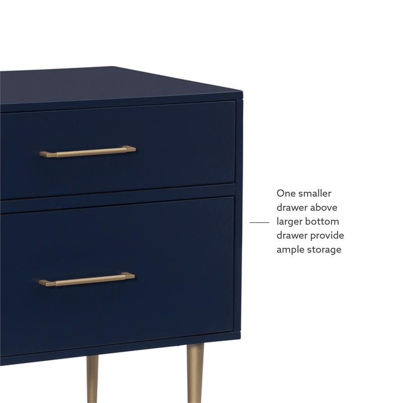 Pemberly Row Two Drawer Wood Nightstand with Gold Accents in Navy Blue