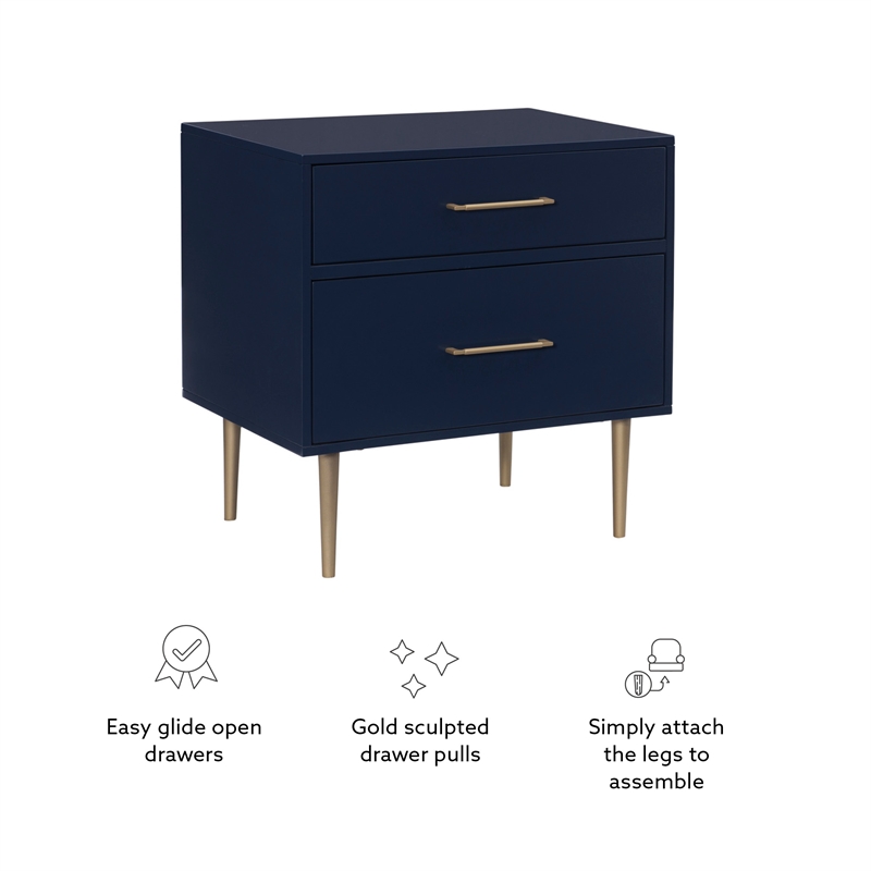 Pemberly Row Two Drawer Wood Nightstand with Gold Accents in Navy Blue