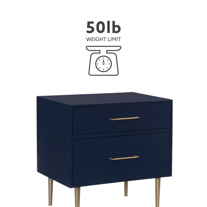 Pemberly Row Two Drawer Wood Nightstand with Gold Accents in Navy Blue