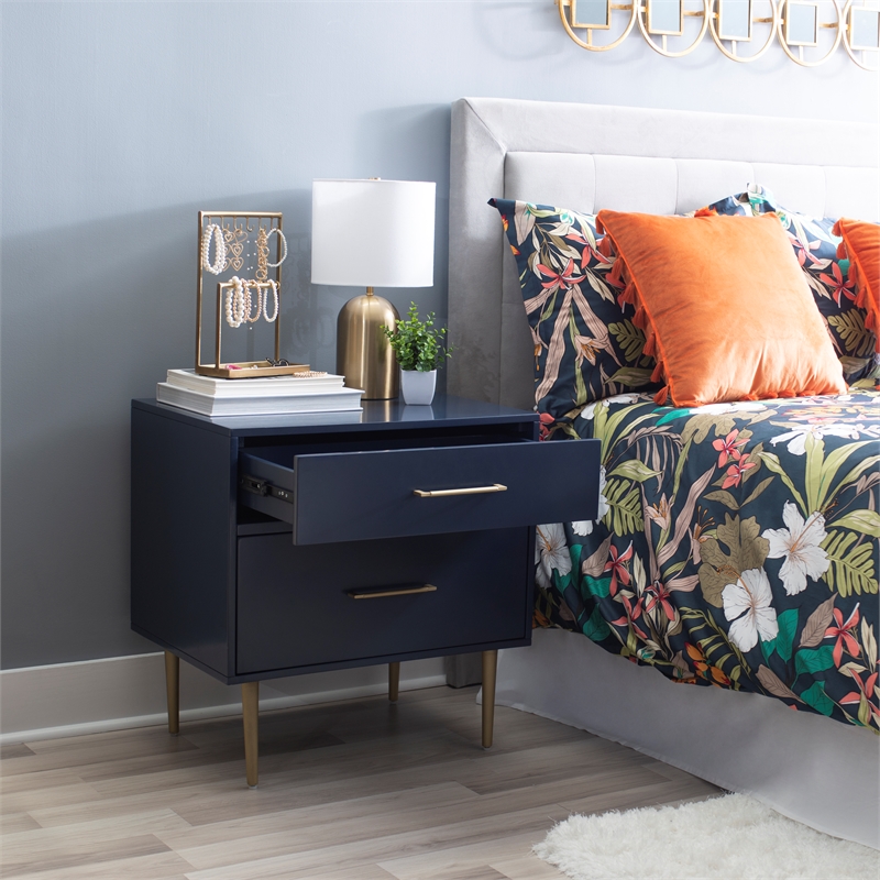 Pemberly Row Two Drawer Wood Nightstand with Gold Accents in Navy Blue